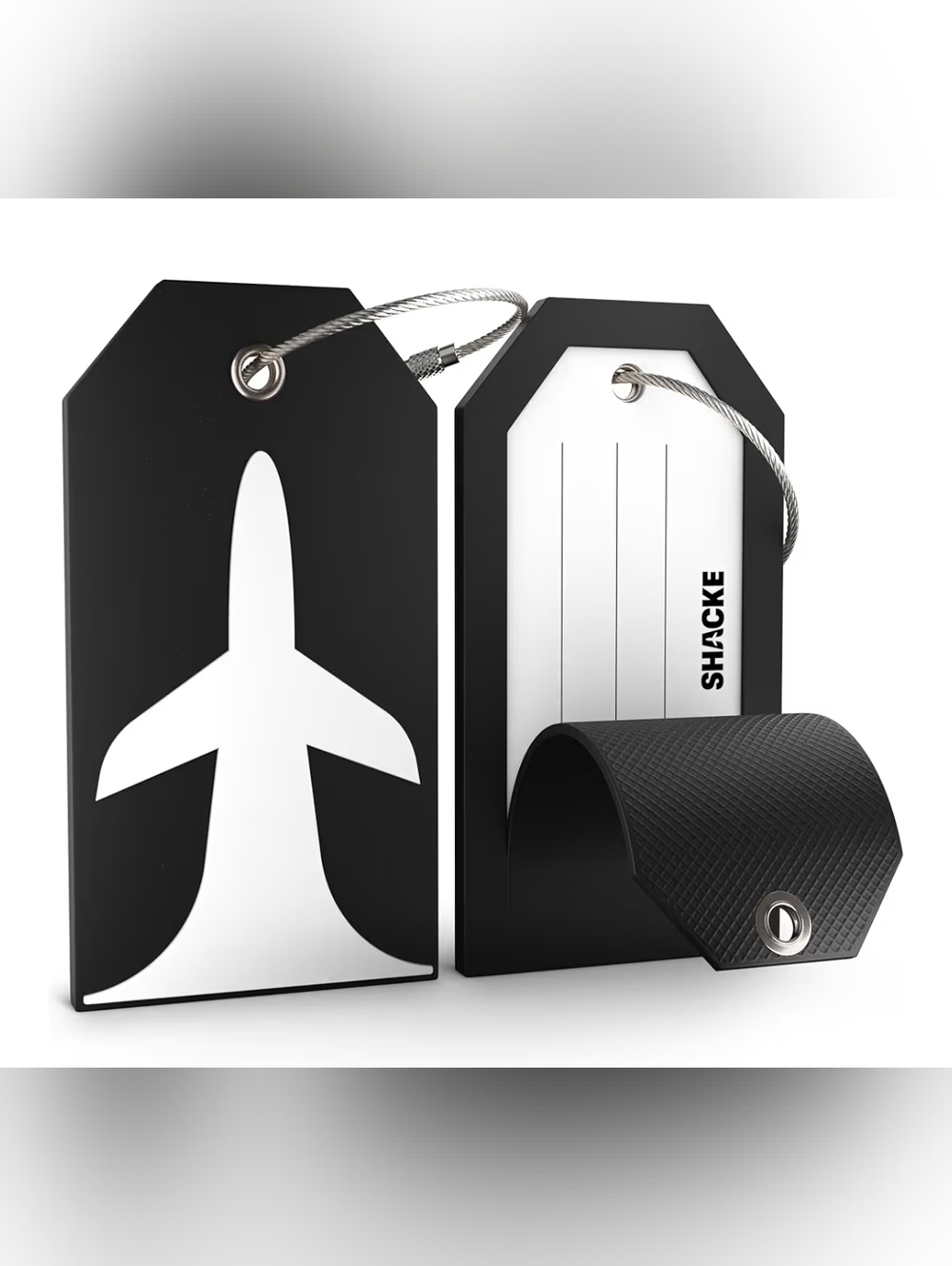 Shacke Large Luggage Tags (2pcs) with Privacy Cover and Steel Loops (Blac